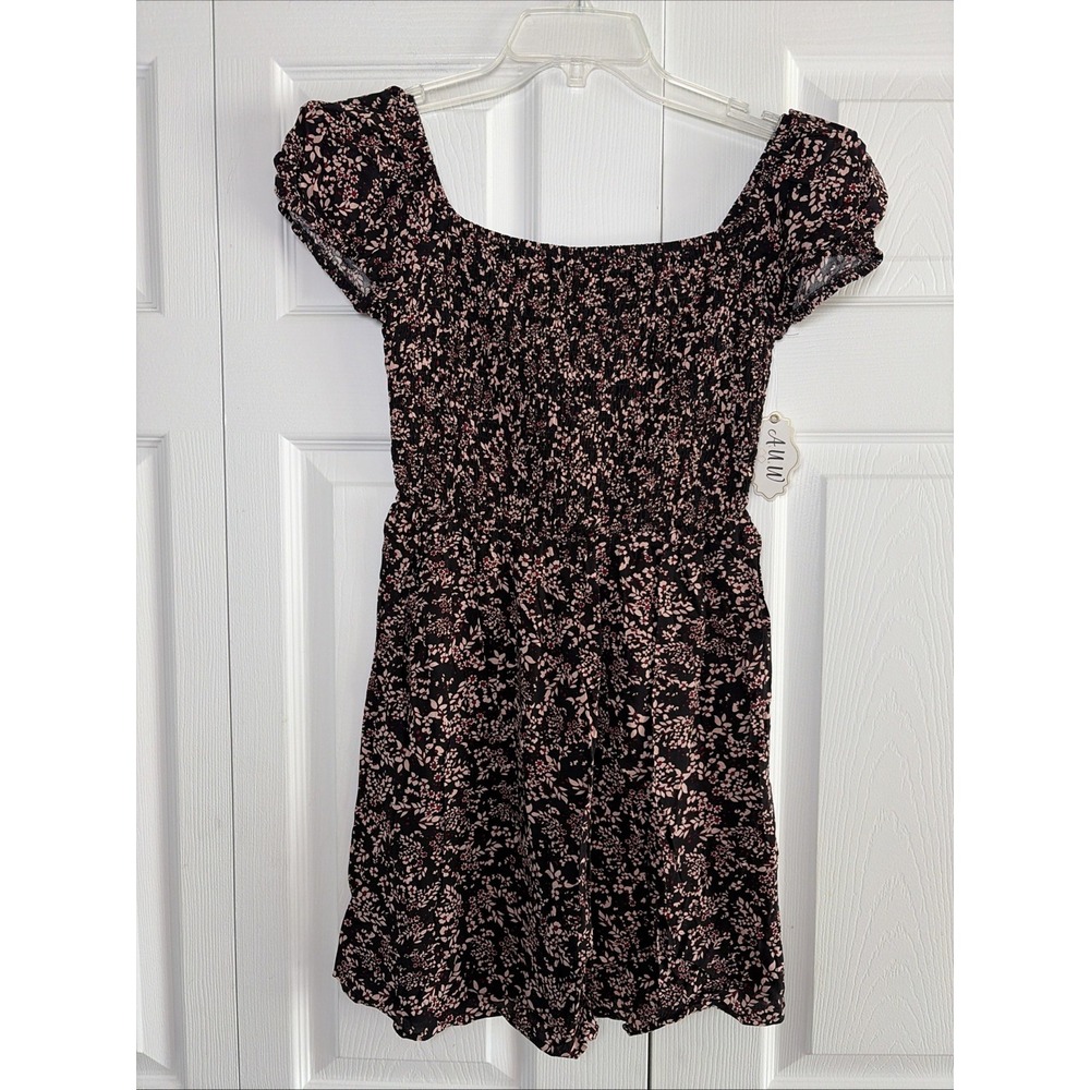 AUW Smocked Floral Mini Dress Womens Size S Black Pink Boho Cottagecore Rayon